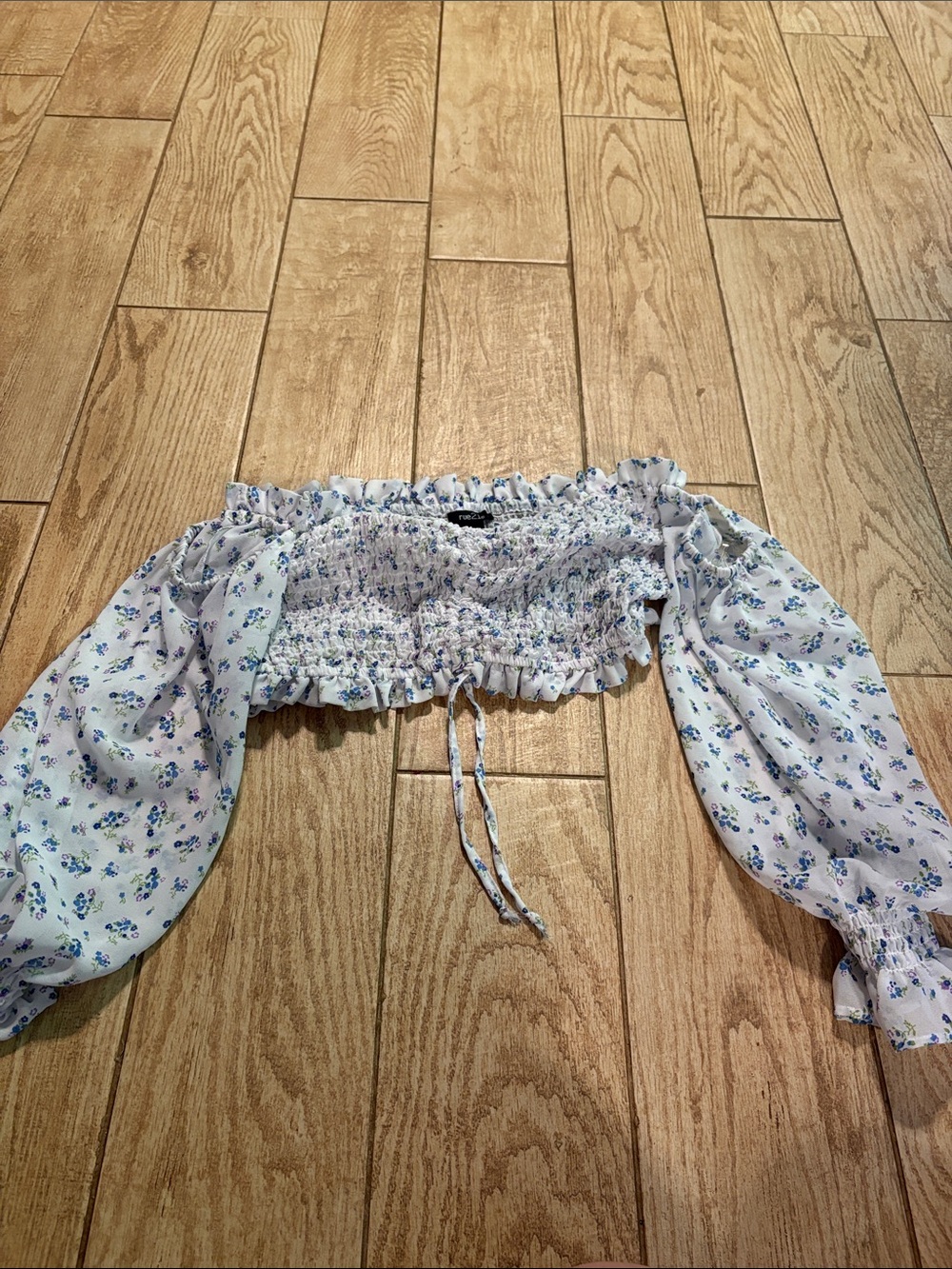 Floral Smocked Off-Shoulder Crop Top — Blue/White